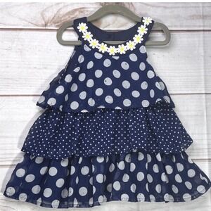Little Lass Girls Navy Blue Polka Dot Daisy Tiered Glittery Ruffle Dress Size 6